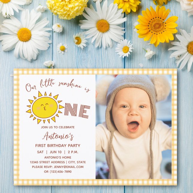 Cute Our Little Sunshine is One Boy Birthday Photo Invitation (Creator Uploaded)