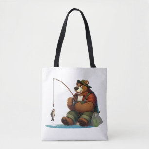 Cute, outdoorsman bear fishing tote bag