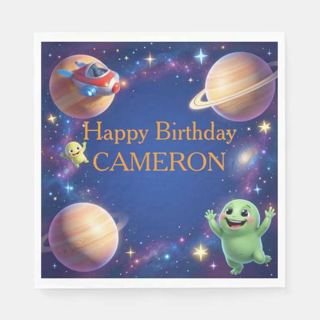 Cute Outer Space Aliens Birthday Party Napkin (Front)