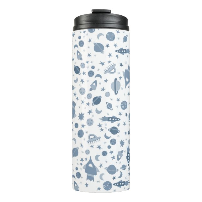 Cute Outer Space Planets Rockets Moon Blue Thermal Tumbler (Front)