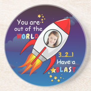Cute Outer Space Rocket Ship Blast Off Birthday Coaster