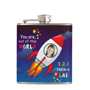Cute Outer Space Rocket Ship Blast Off Birthday Hip Flask