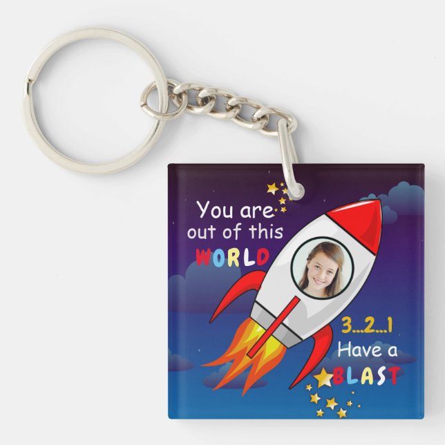 Cute Outer Space Rocket Ship Blast Off Birthday Key Ring (Front)