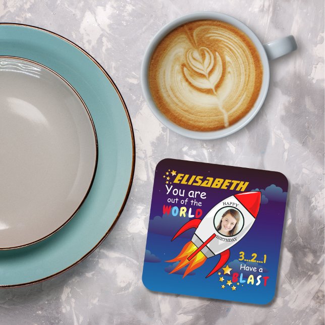 Cute Outer Space Rocket Ship Blast Off Birthday Square Paper Coaster (Creator Uploaded)