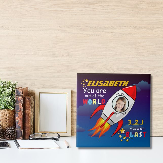Cute Outer Space Rocket Ship Blast Off Birthday Tile (Creator Uploaded)