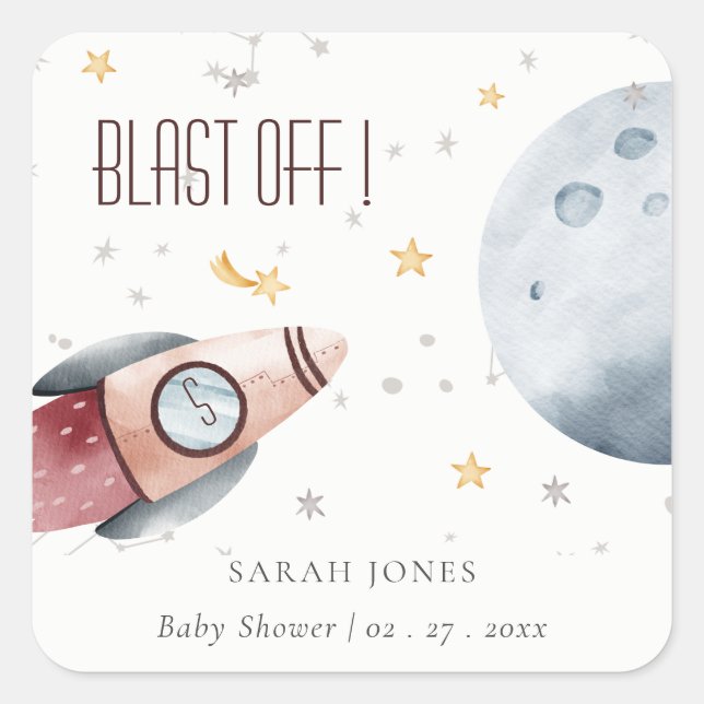 Cute Outer Space Starry Planet Rocket Baby Shower Square Sticker (Front)