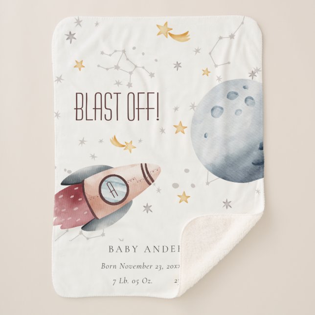 Cute Outer Space Starry Planets Rocket Birth Stat Sherpa Blanket (Front)