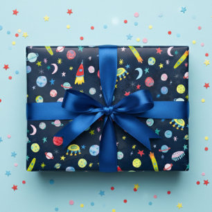 Cute Outer Space UFO Planets Moons Watercolor Gift Wrapping Paper Sheet