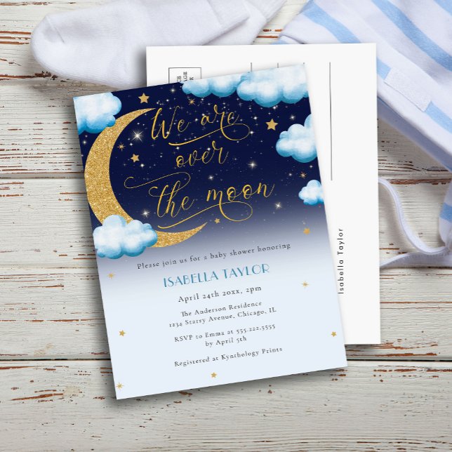 Cute Over the Moon Blue Boy Baby Shower Invitation Postcard (Creator Uploaded)