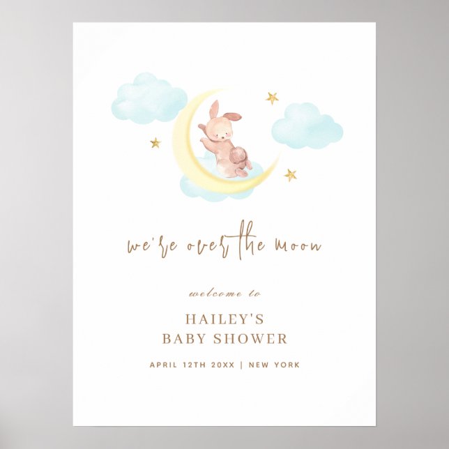 Cute Over The Moon Bunny Baby Shower Welcome  Poster (Front)