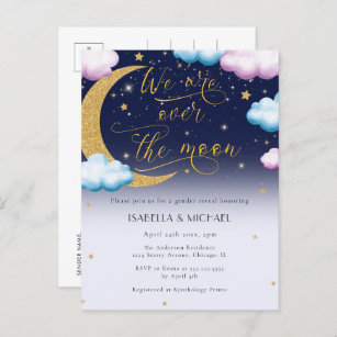 Cute Over the Moon Gender Reveal Party Invitation Postcard