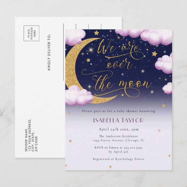 Cute Over the Moon Girl Baby Shower Invitation Postcard (Front/Back)