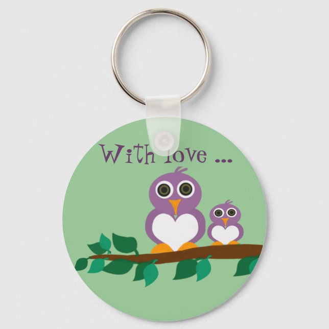 Cute owl and baby on tree key ring (Front)