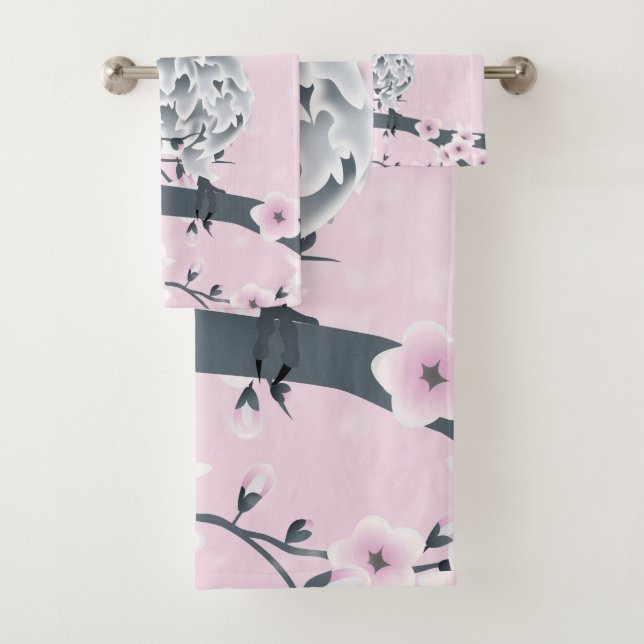 Cute Owl and Cherry Blossom Pink Grey Bath Towel Set (Insitu)