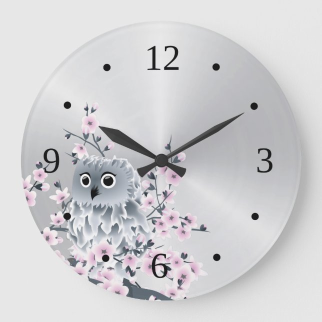 Cute Owl and Cherry Blossoms Silver Large Clock (Front)