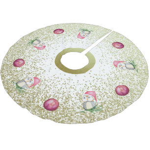 Cute Owl And Christmas Balls With Glitter Gold Brushed Polyester Tree Skirt