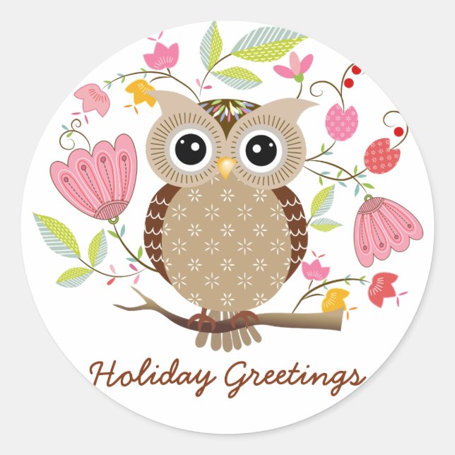 Cute Owl and Flowers Holiday Greetings Stickers (Front)
