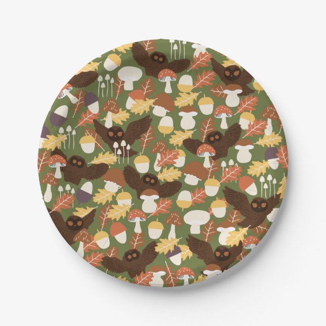 Cute Owl and Mushrooms Paper Plates (Front)