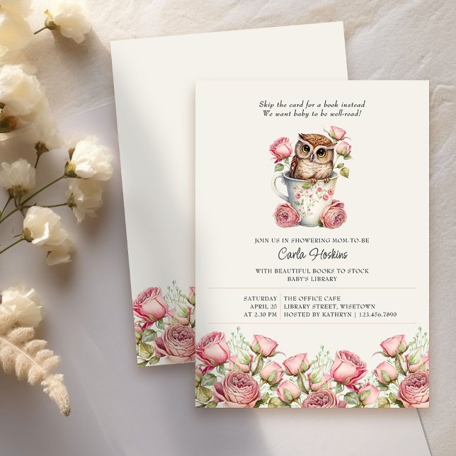 Cute Owl and Roses Books for Baby Shower Invitation (Baby Shower invitation asking for books ideal for book lovers, office baby showers, baby sprinkles
)
