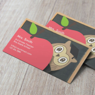 Cute Owl & Apple Chalkboard Teacher Business Card