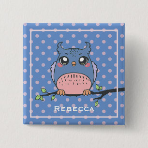 Cute Owl Art Dotty Personalised Girls 15 Cm Square Badge