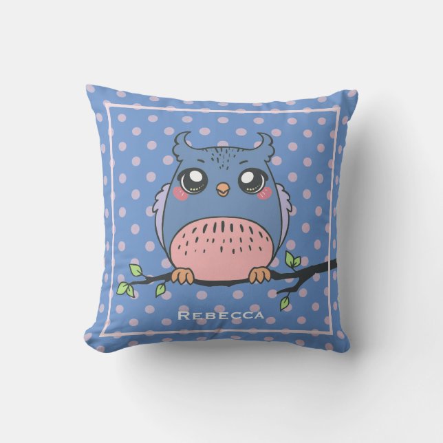 Cute Owl Art Dotty Personalised Girls Cushion (Front)