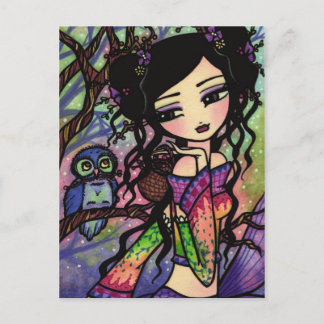Cute Owl Asian Mermaid Fantasy Art Postcard
