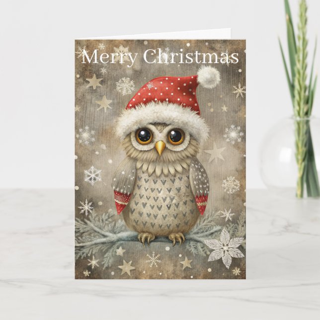 Cute Owl at Christmas Holiday Card (Front)