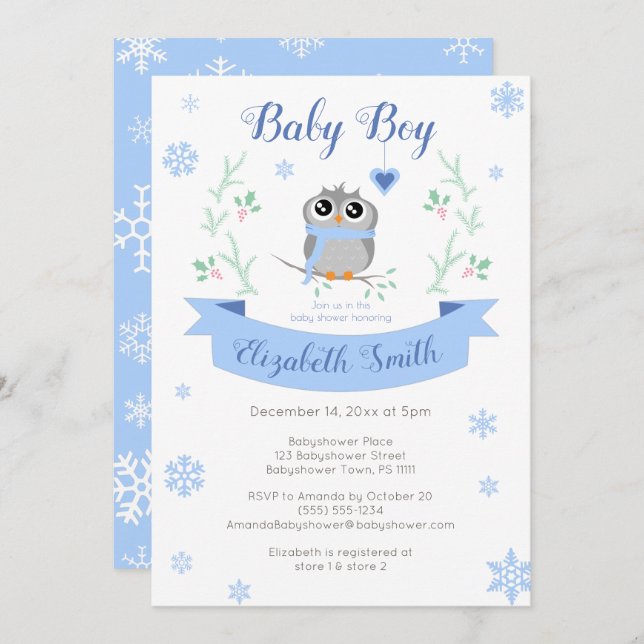 Cute owl baby boy winter babyshower invitation (Front/Back)