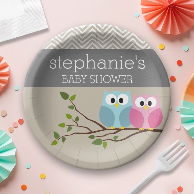 Cute Owl Baby Girl or Boy Gender Reveal Shower Paper Plate (Personalized Baby Shower Plates - Cute Woodland Owl)