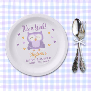 Cute Owl Baby Shower Girl Paper Plate