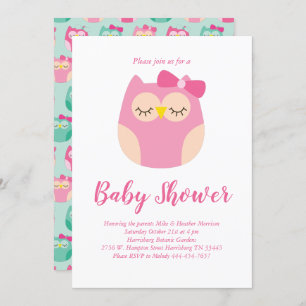 Cute Owl Baby Shower Pink Bird Girl Invitation