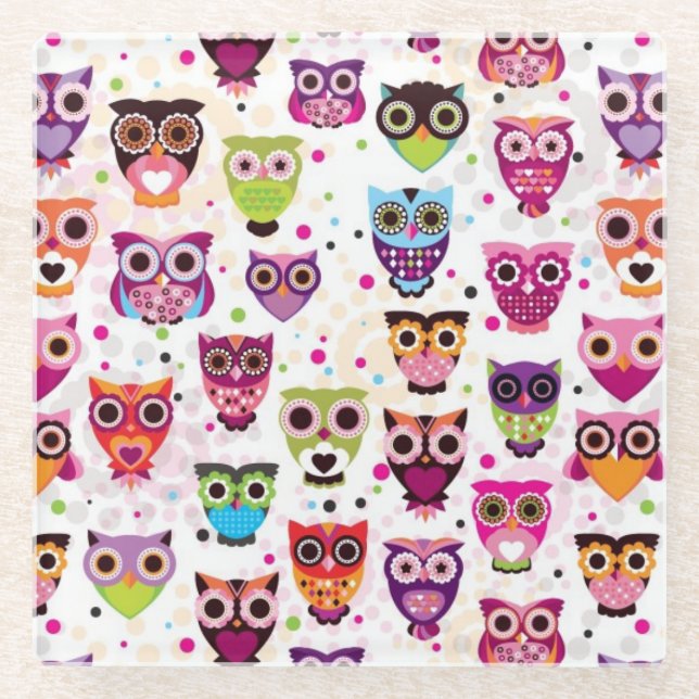 Cute owl background pattern for kids glass coaster (Front)