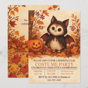 Cute Owl Bat Costume Halloween Birthday Party Invitation