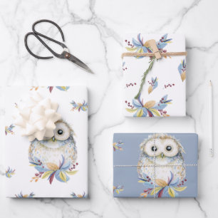 Cute Owl beige and blue watercolor Wrapping Paper Sheet