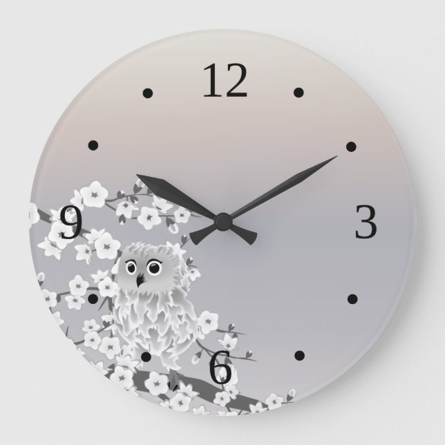Cute Owl Beige Taupe Numbers Large Clock (Front)