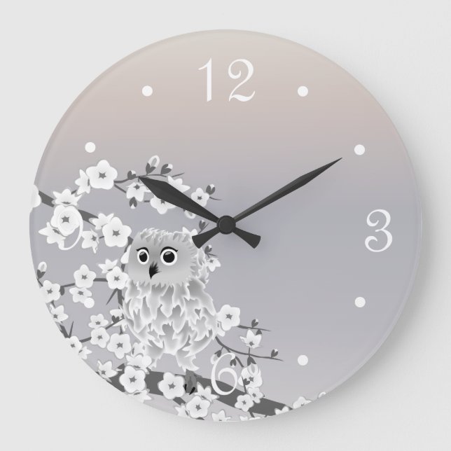 Cute Owl Beige Taupe White Numbers Large Clock (Front)
