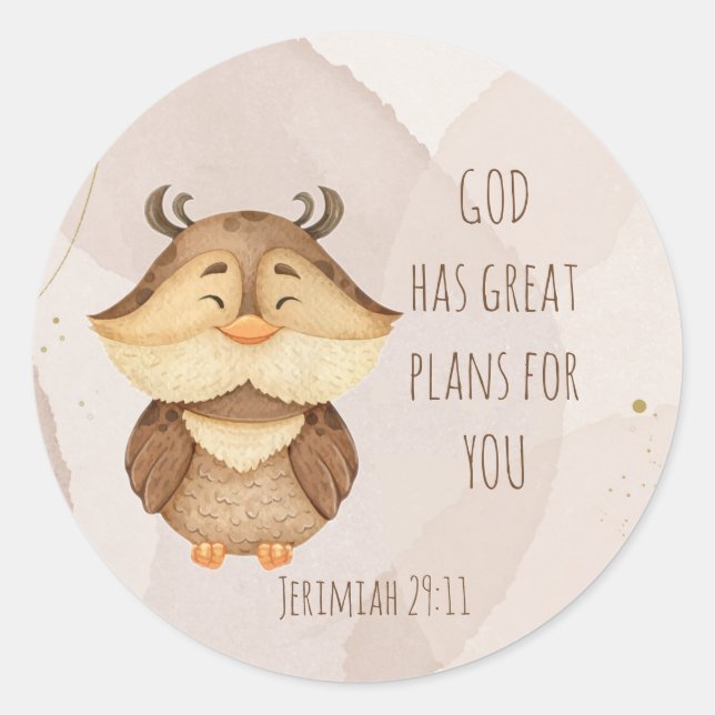 Cute Owl Bird Scripture Jerimiah 29:11 Classic Round Sticker (Front)