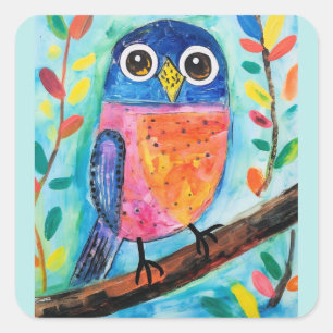 Cute Owl Bird Watercolor Art  Square Sticker