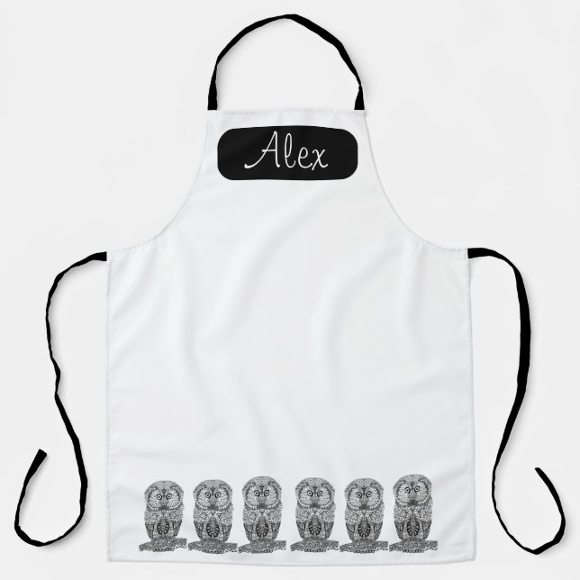 Cute owl black and white personalized name apron (Front)