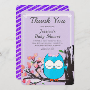 Cute Owl Blossom Purple Glitter Stripes Thank You Invitation