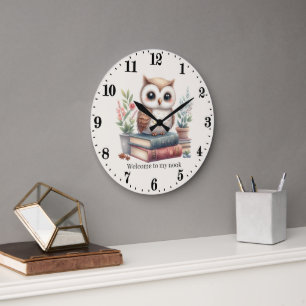 Cute owl book nook welcome add text reading large clock