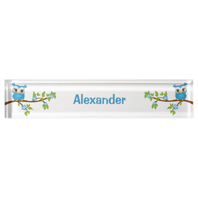 Cute Owl Boy on a Branch Desk Nameplate (Front)