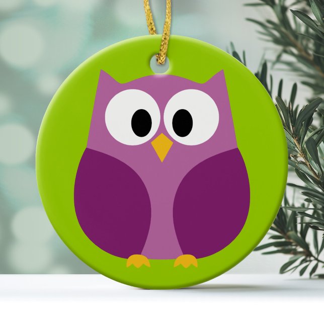 Cute Owl Cartoon - purple and green Ceramic Tree Decoration (Personalized Ornament - Owl)