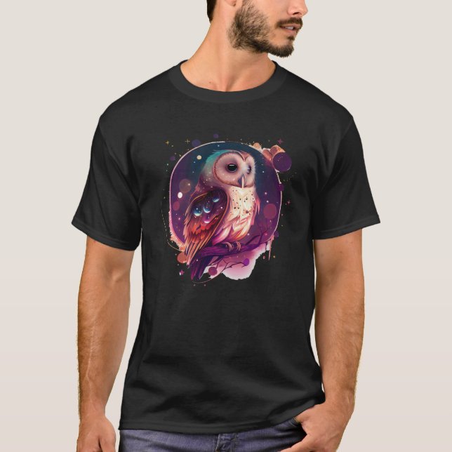 Cute Owl Celestial Elements Illustration T-Shirt (Front)