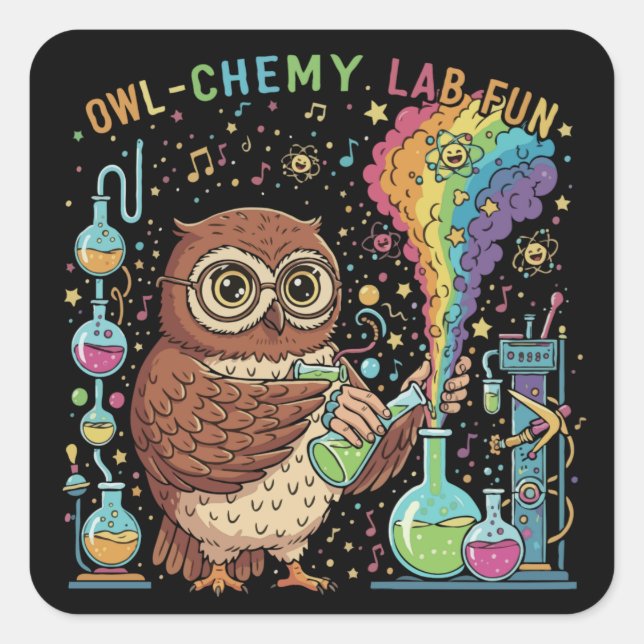  Cute Owl-chemy Lab Fun | Nerdy Scientist Chemist Square Sticker (Front)