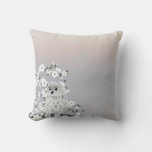 Cute Owl Cherry Blossom Beige Taupe White Cushion