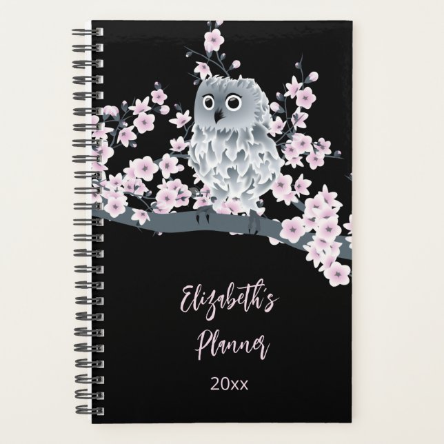 Cute Owl Cherry Blossom Pink Black Add Name /Year Planner (Front)