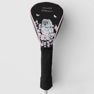 Cute Owl Cherry Blossom Pink Black Golf Head Cover