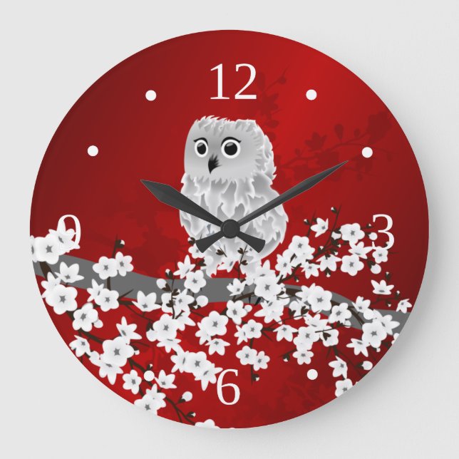 Cute Owl Cherry Blossom Red Black White Large Cloc Clock (Front)